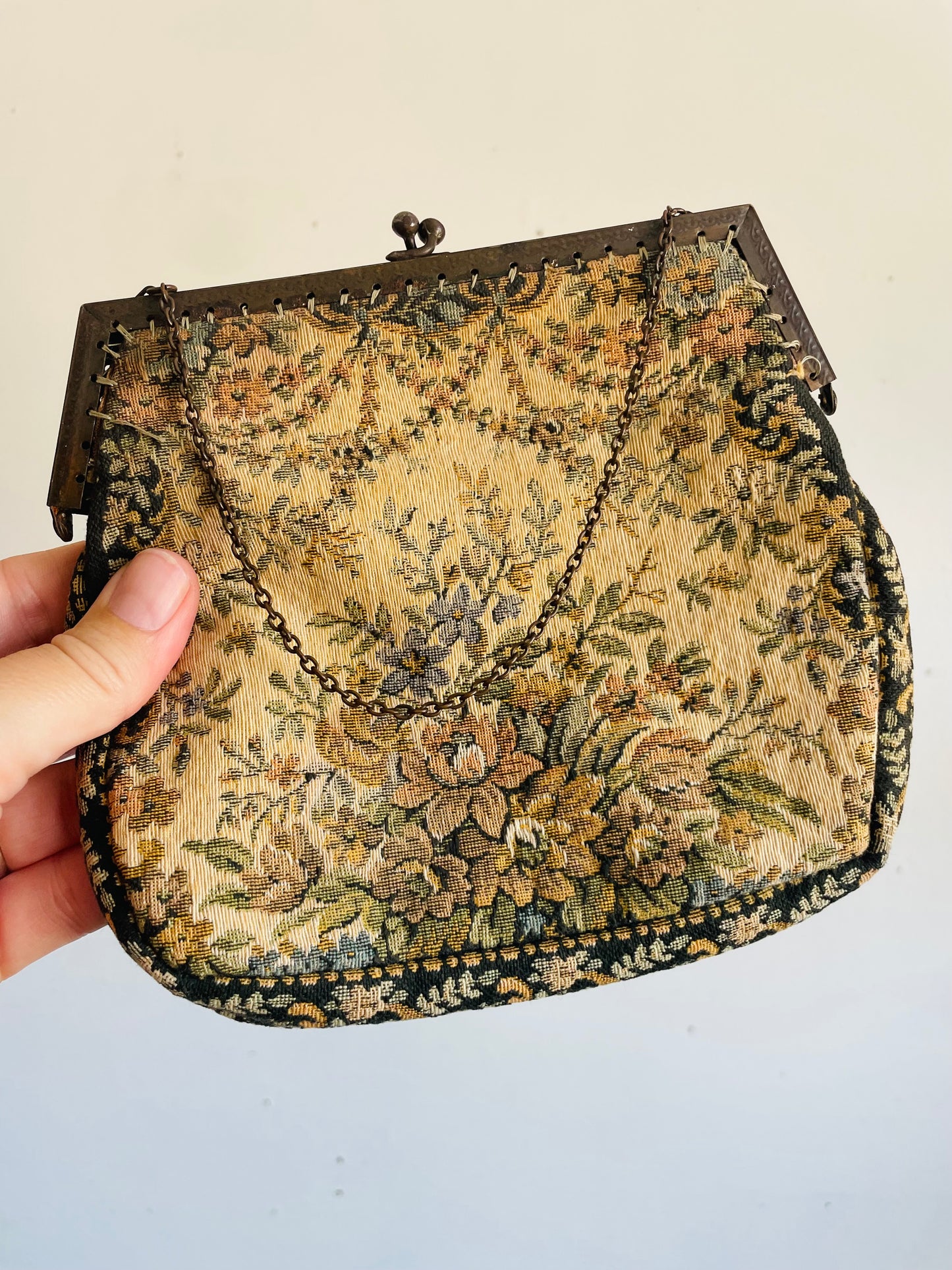 Antique French Floral Tapestry Clutch Purse on Chain - Made in France