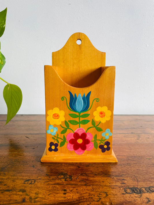 Wooden Box Holder with Hand Painted Folk Art Flower Design - Can Hang or Stand