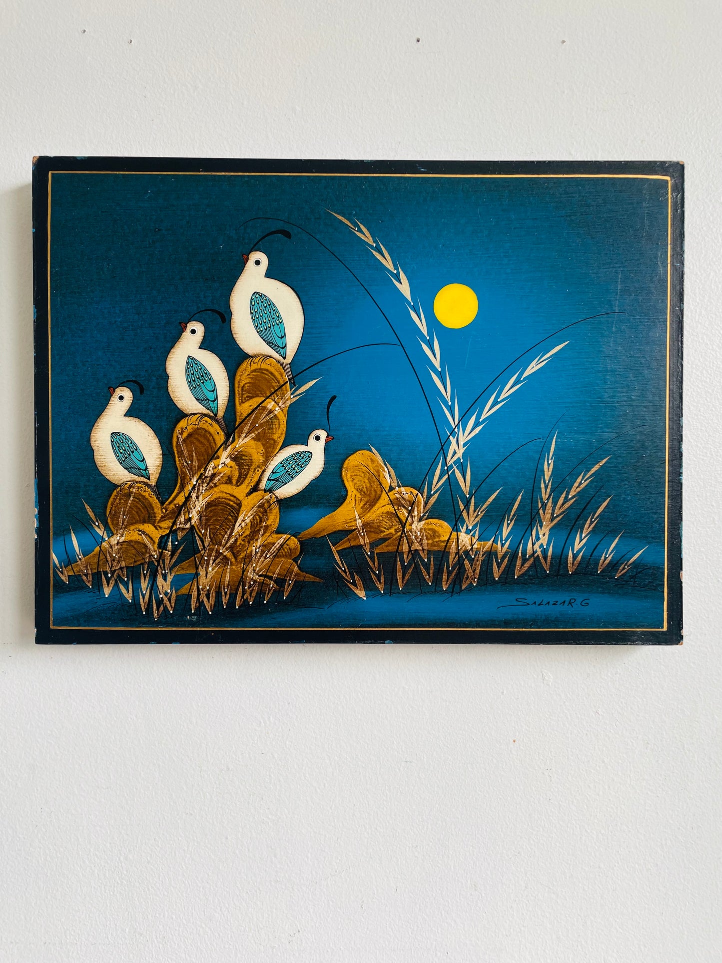 Vintage Mexican Folk Art Painting of Quail Birds with Sun & Blue Background - Artist Signed Salazar G.