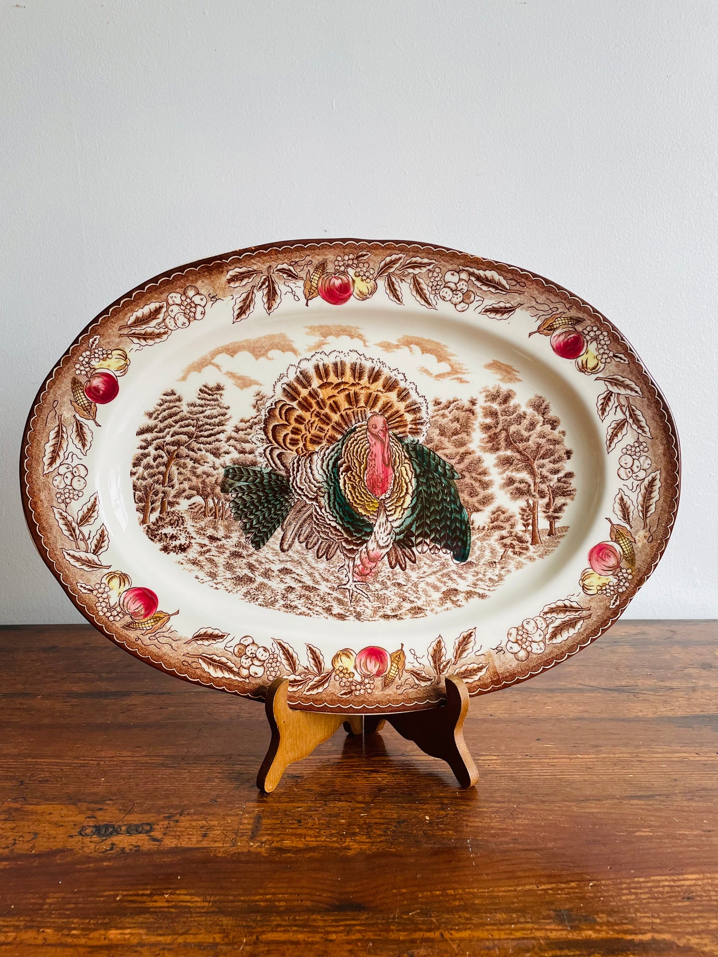 Brown Transferware Oval Thanksgiving Serving Platter with Turkey Design - Made in Japan