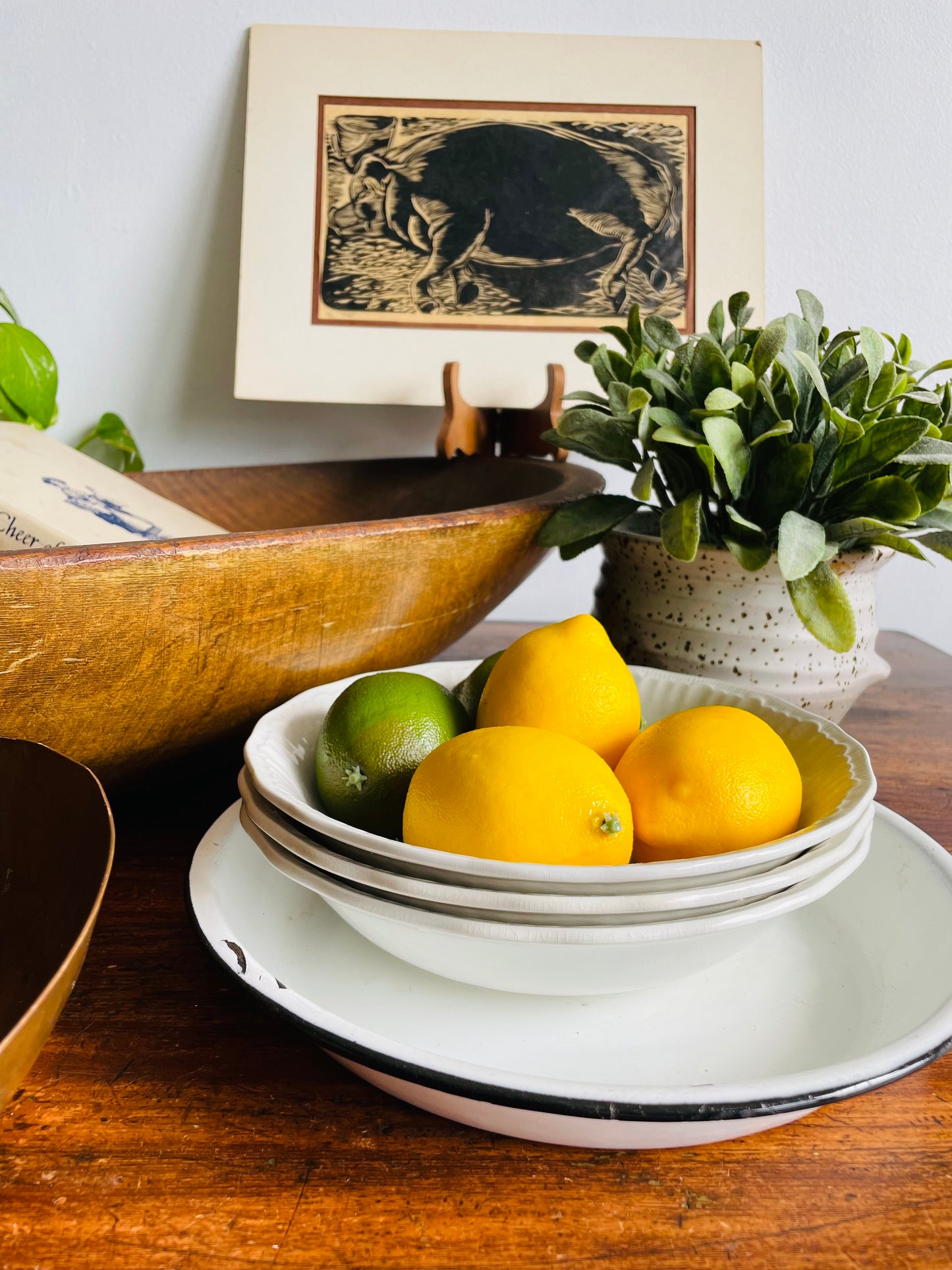 White Enamelware Pie Dish Plate with Black Rim