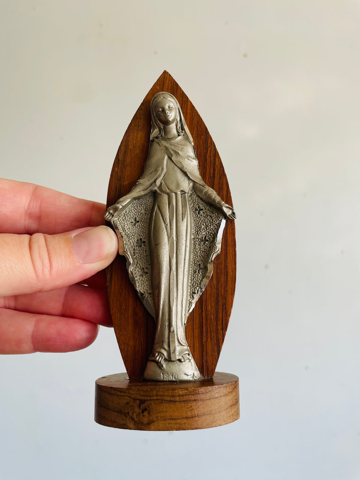 Vintage Hand-Engraved Pewter / Peltro Cesellato a Mano - The Miraculous Medal 1830 Mary Statue on Wood Base - Made in Italy