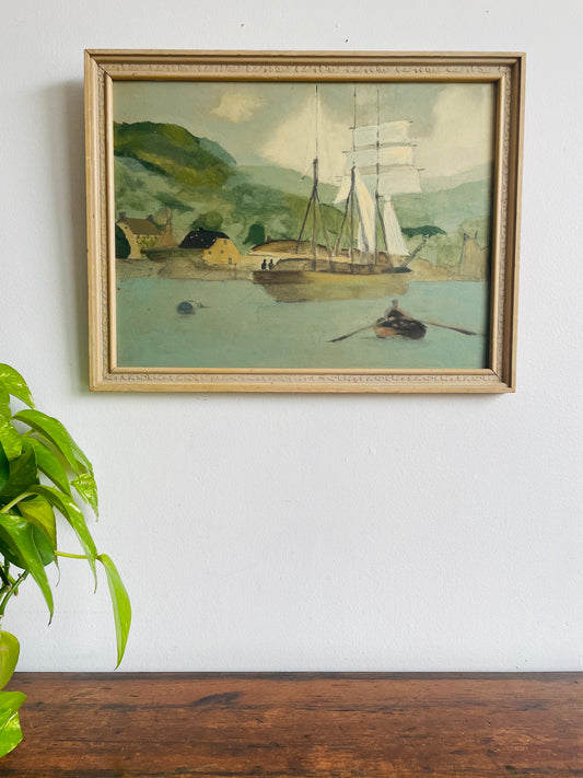 Original Art Painting Picture of Boats in Harbour with Green Rolling Hills in Background