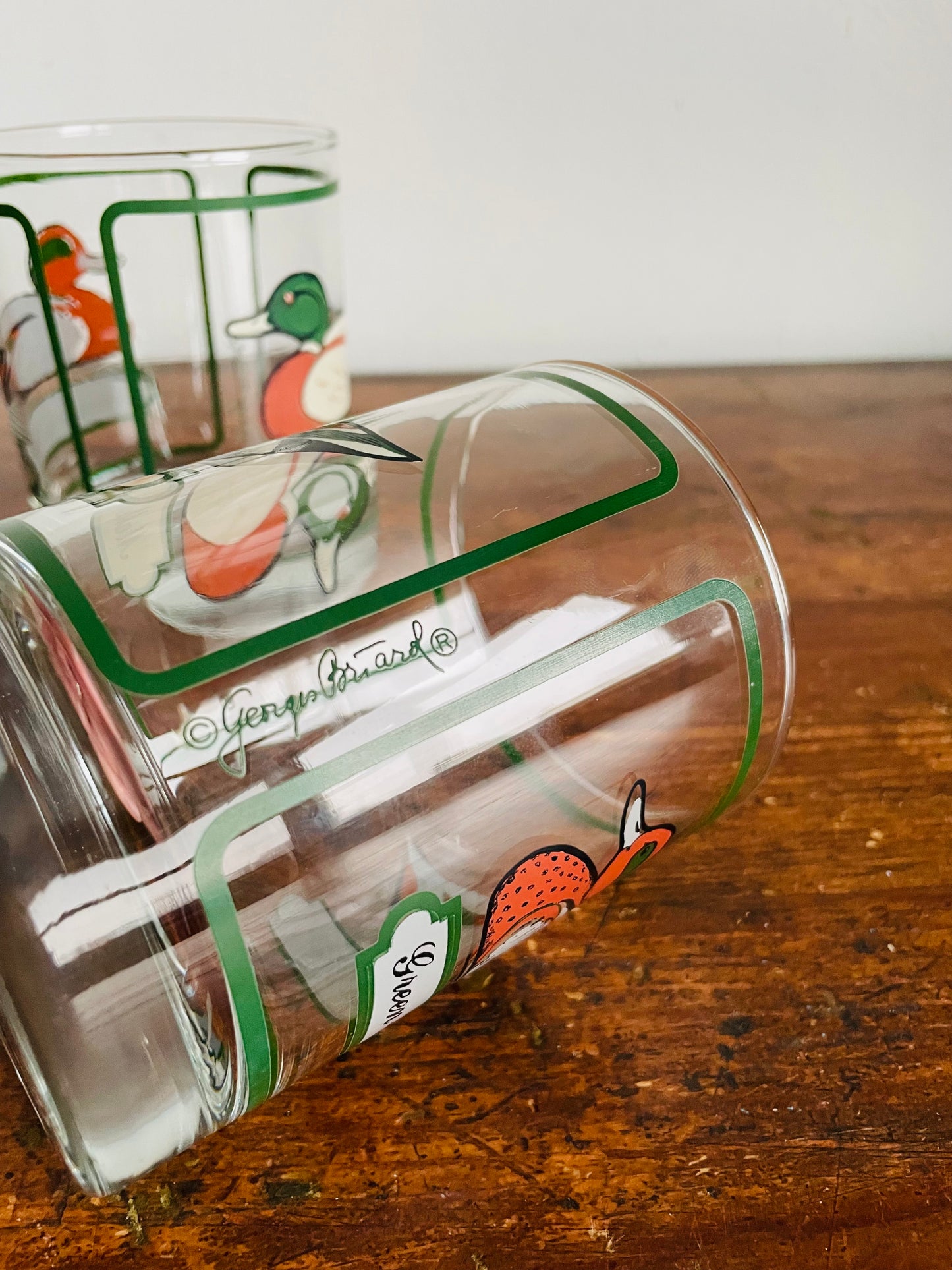 Vintage Georges Briard Heavy-Bottomed Bird Tumbler Drinking Glasses - Green-Winged Teal & Mallard Ducks - Set of 2
