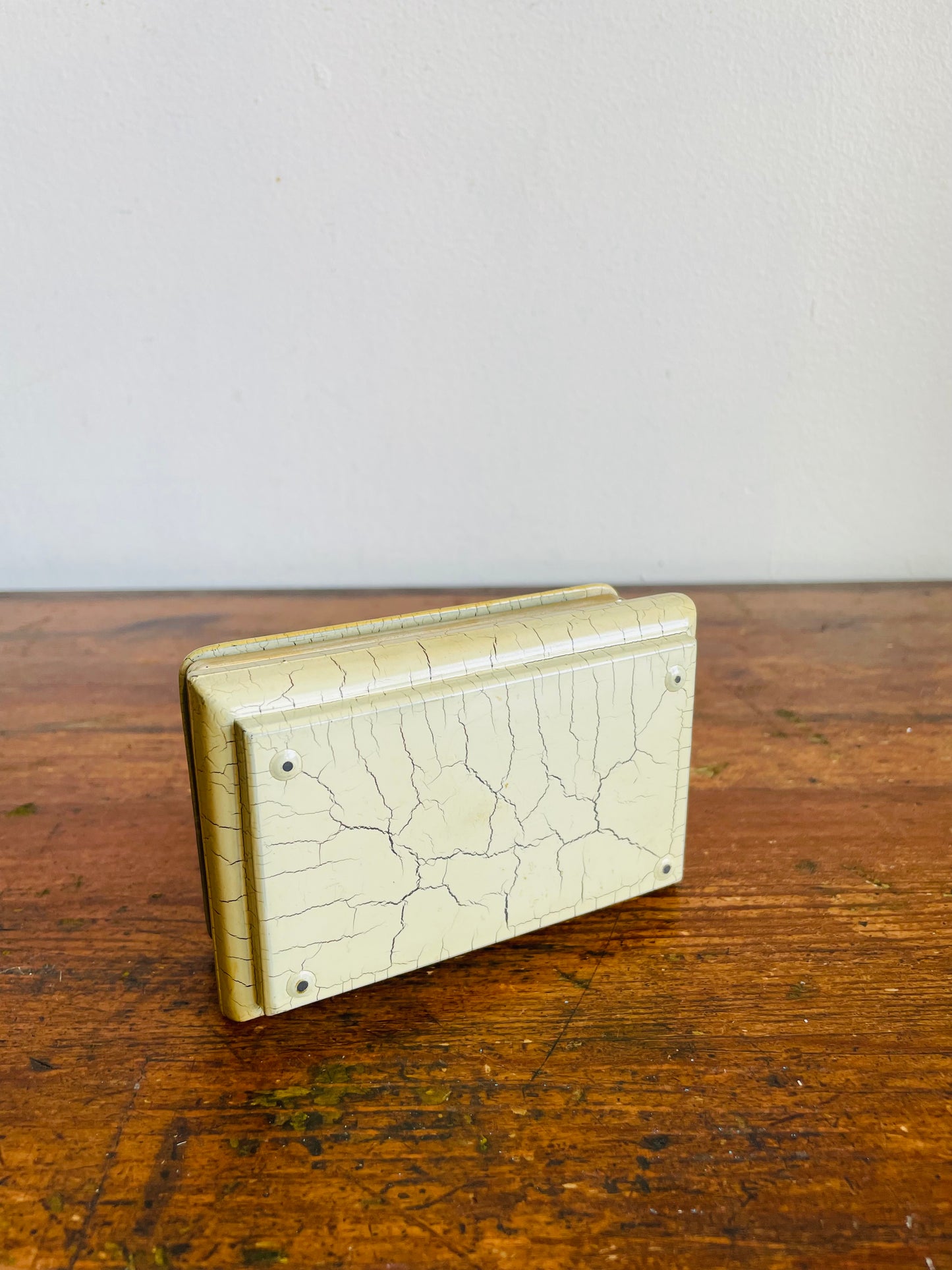 Vintage Crackled Cream Jewellery Trinket Box with Hinged Lid & Pink Flower Design