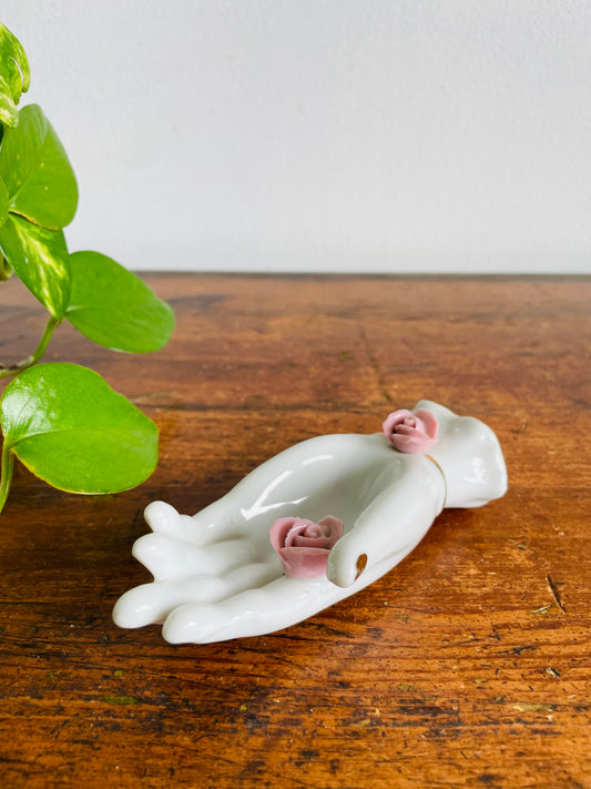 Vintage Hand Decorated Porcelain White Hand Figurine or Ring Holder with Pink Roses - Can Lay Flat or Stand Up