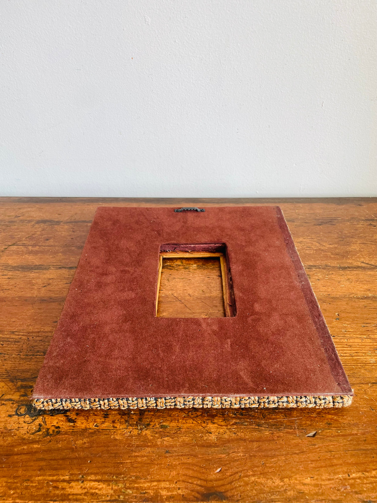Vintage Unique Hanging Picture Frame with Earthy Brown Tones - Woven Textured Fabric, Leather & Brass Rivets with Aged Patina - 2.75" x 4" Photo Size