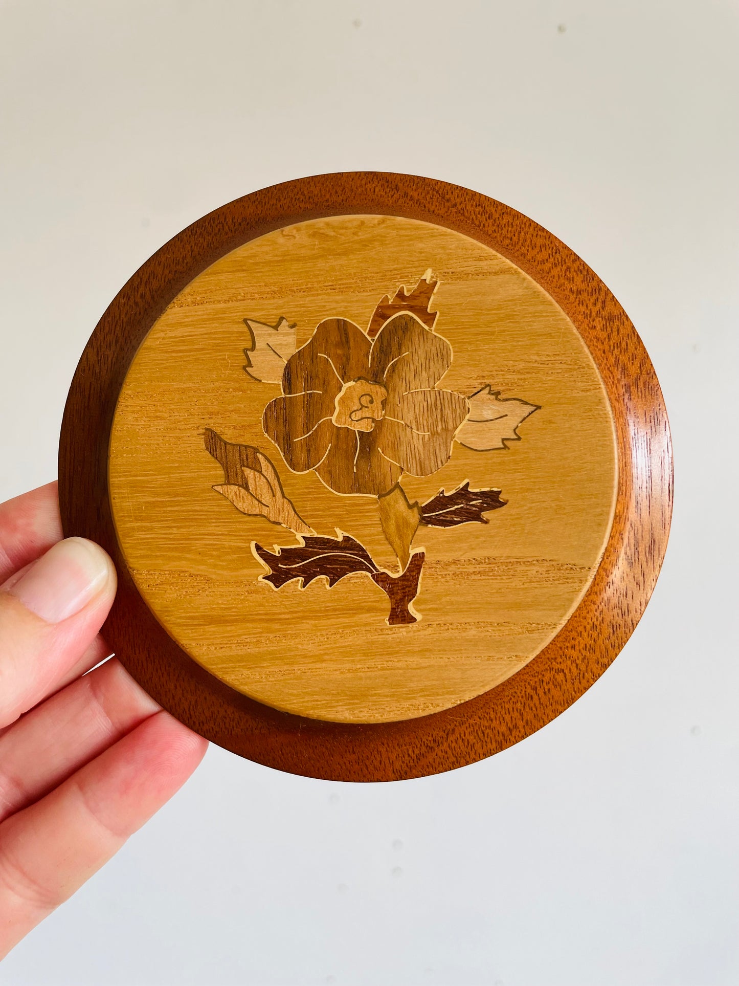 Vintage Handmade Round Wood Marquetry Wall Art Picture with Inlaid Flower Design - Woodcraft by Dave - Made in Canada