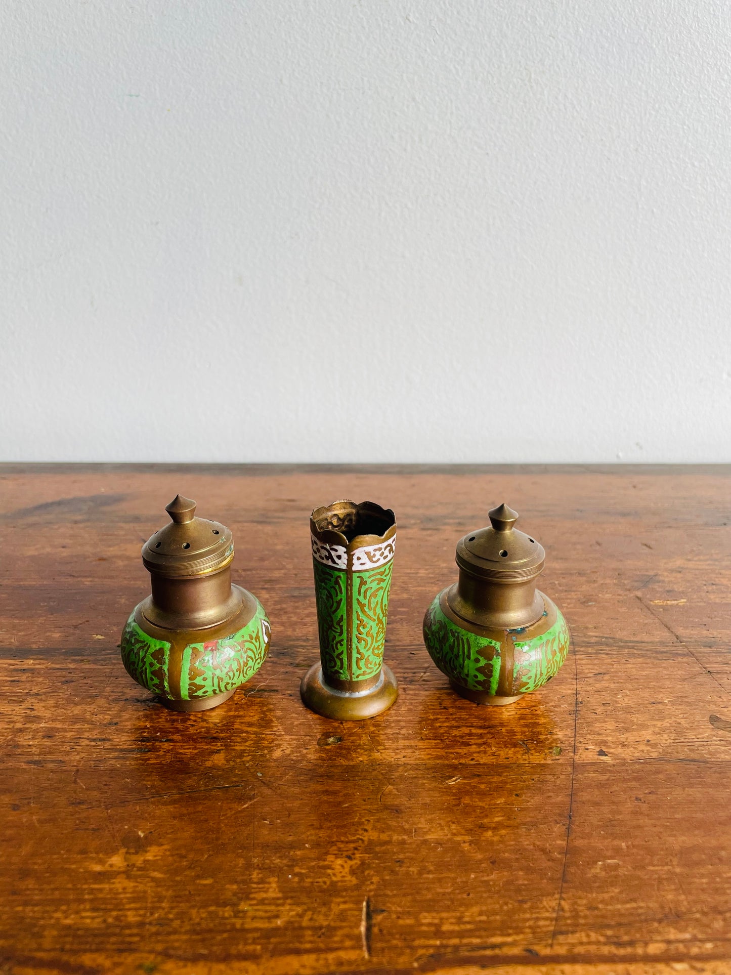 Brass & Enamel Table Set - Salt Shaker, Pepper Shaker, Toothpick Holder & Tray - Set of 4 Pieces