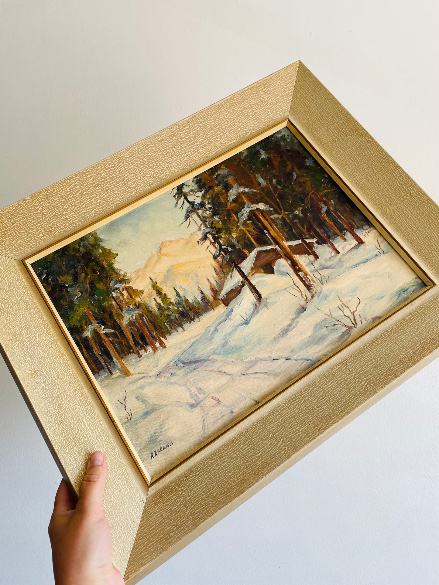 Original Art - Large Framed Painting of Snowy Cabin in Woods with Mountains - Signed R. Zadanyi