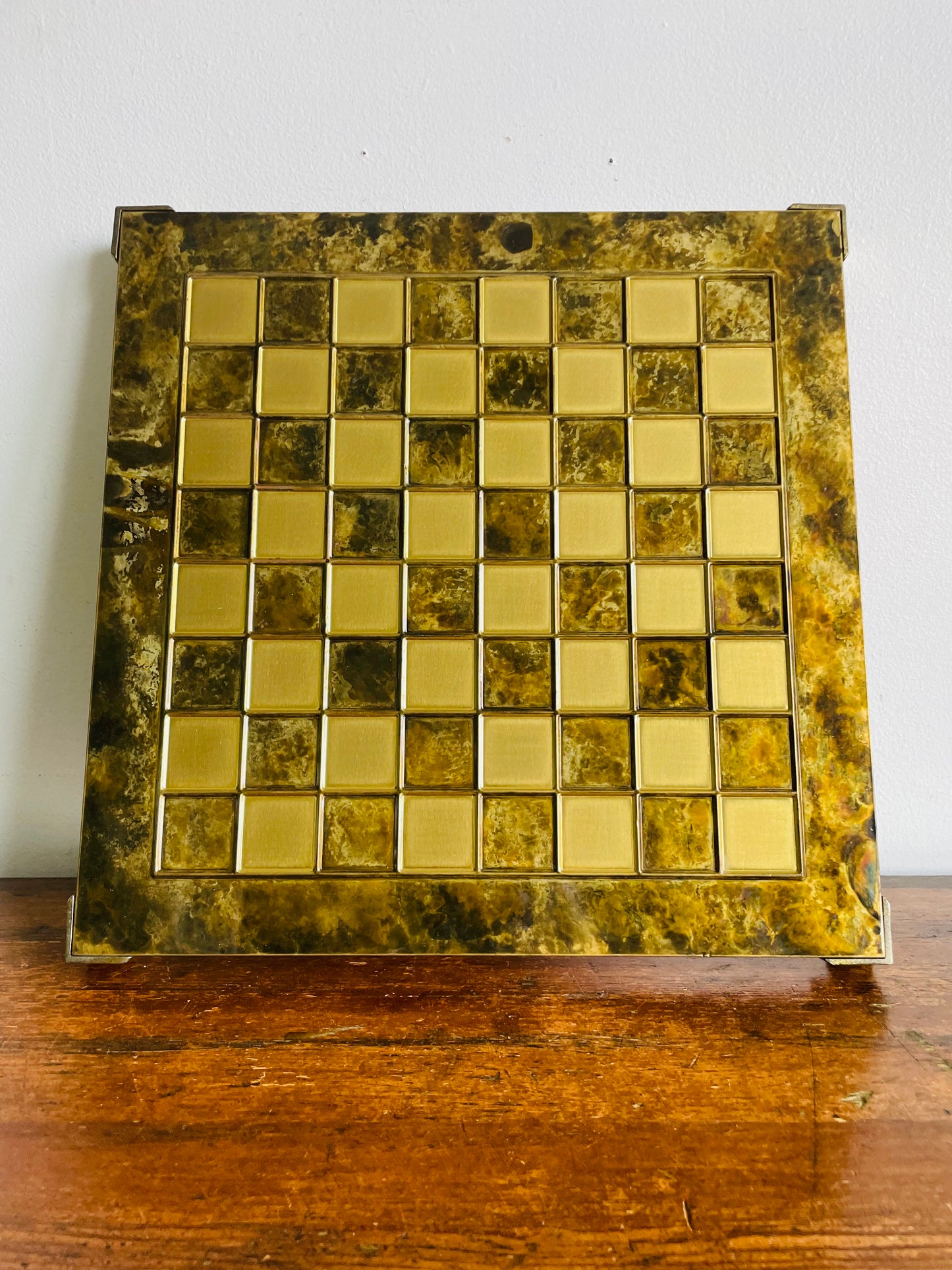 Footed Solid Brass Chessboard with Marbled Design - Great for a Game, Staging, Tray, Background, Etc.