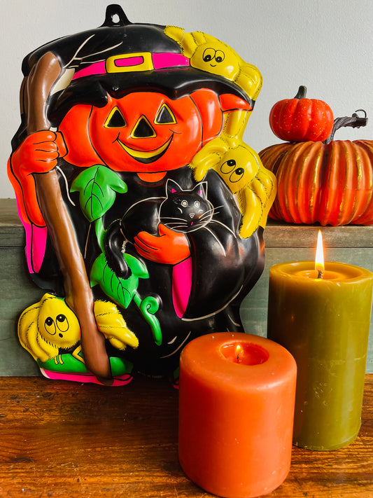 Plastic Halloween Cutout - Pumpkin Dressed as a Witch with Spiders & Black Cat # 2 - Made in Taiwan