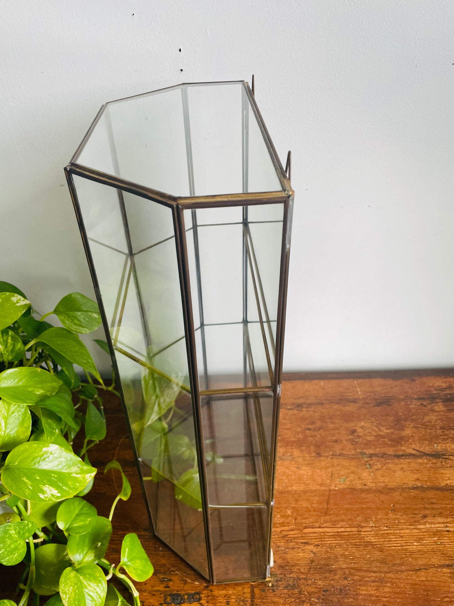 Vintage 19" Tall Brass & Mirrored Glass Curio Shelf Cabinet - Can Stand or Hang