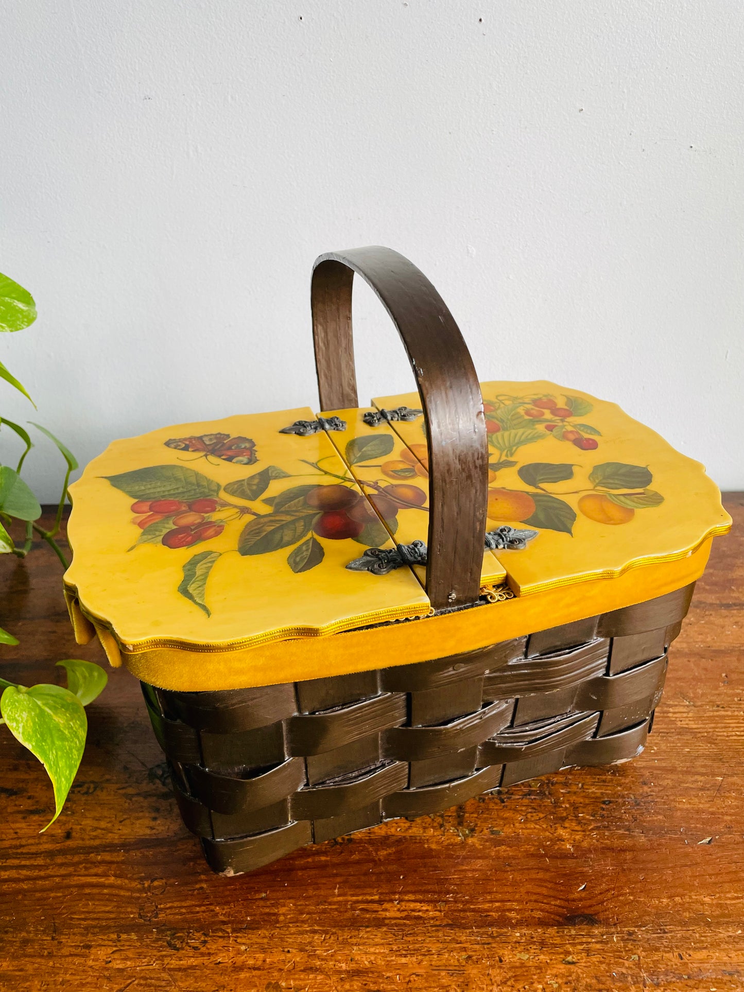 Vintage 1972 Wood Woven Decoupage Basket Purse or Storage Container with Botanical Fruit & Butterfly Design - Artist Signed - Angie 9/72