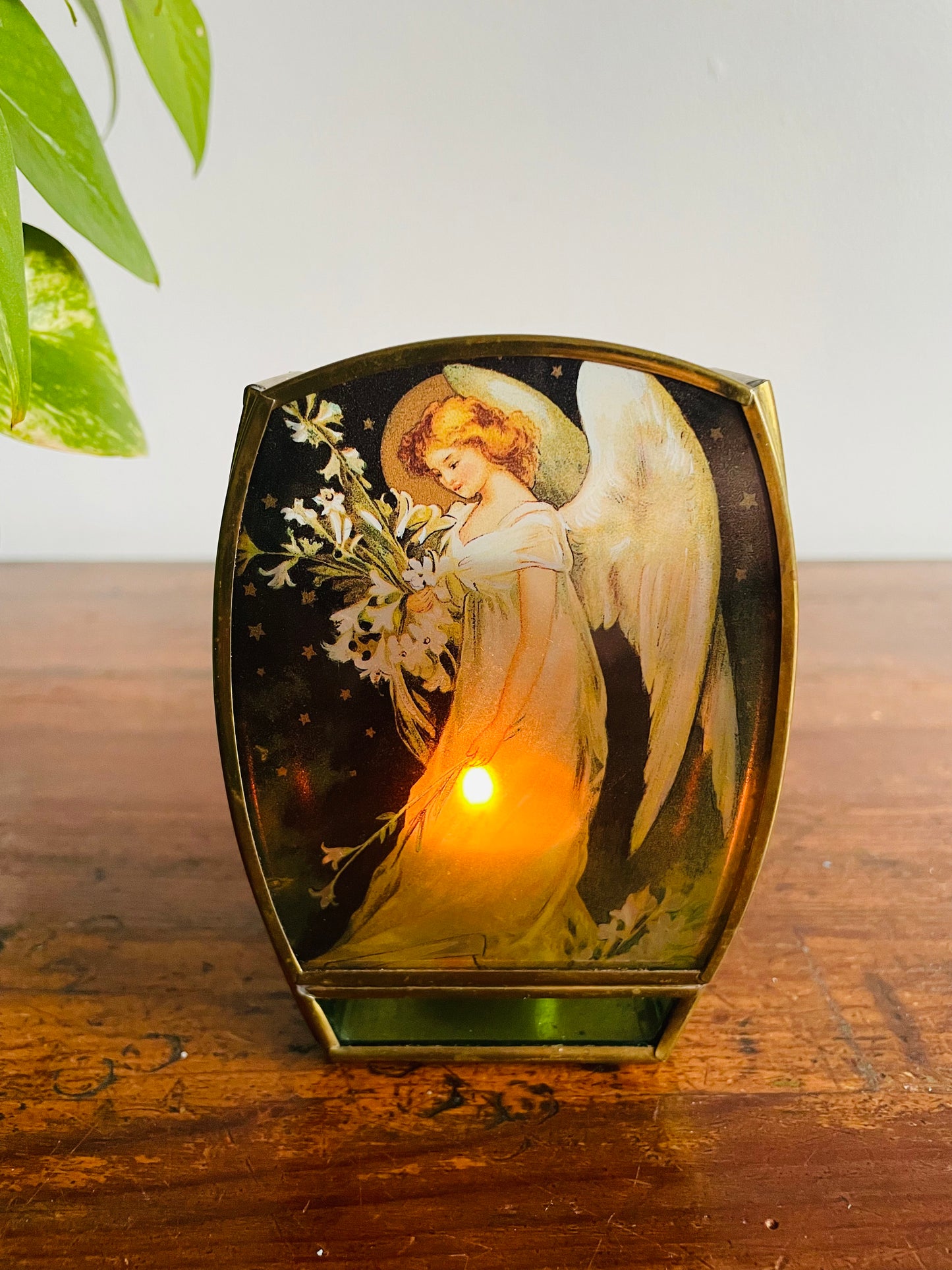 Enesco Brass & Stained Glass Tealight Candle Holder with Angel Holding Lily Flowers - Made in Mexico