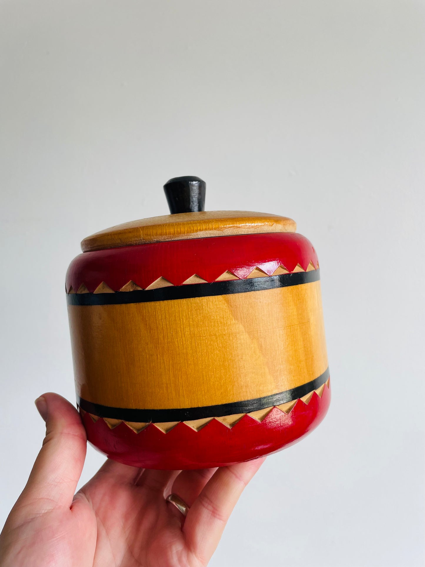 Eastern European Round Wooden Trinket Box with Lid & Handle