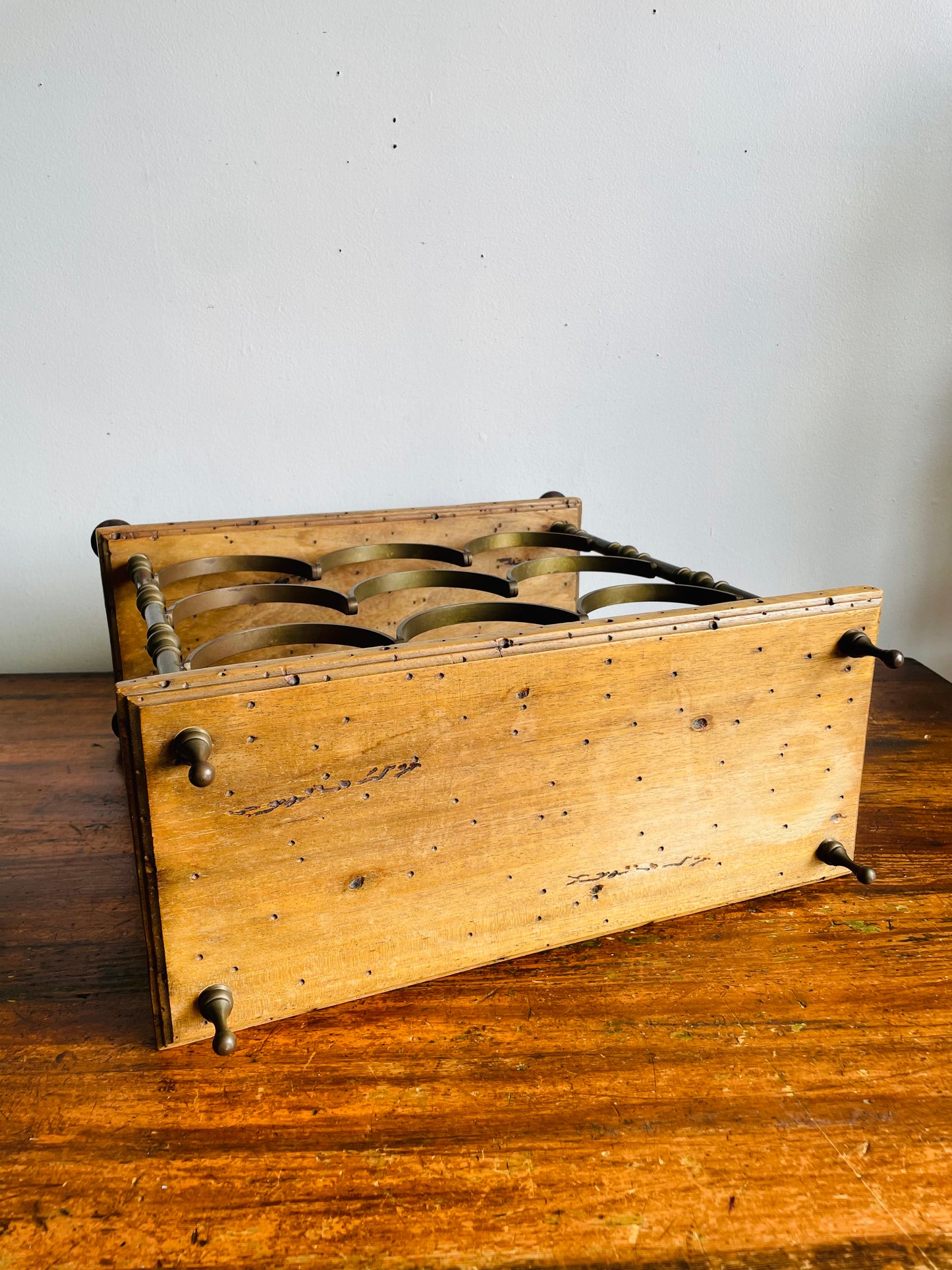 Vintage Italian Sturdy Wood & Solid Brass Footed Tabletop Wine Bottle Holder - Holds 9 Bottles - Made in Italy