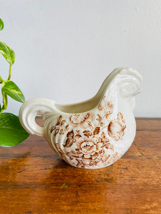 Vintage Crown Devon Fieldings Staffordshire England Chicken Pitcher Creamer Jug with Brown Flower Pattern - Great for Milk or Maple Syrup!