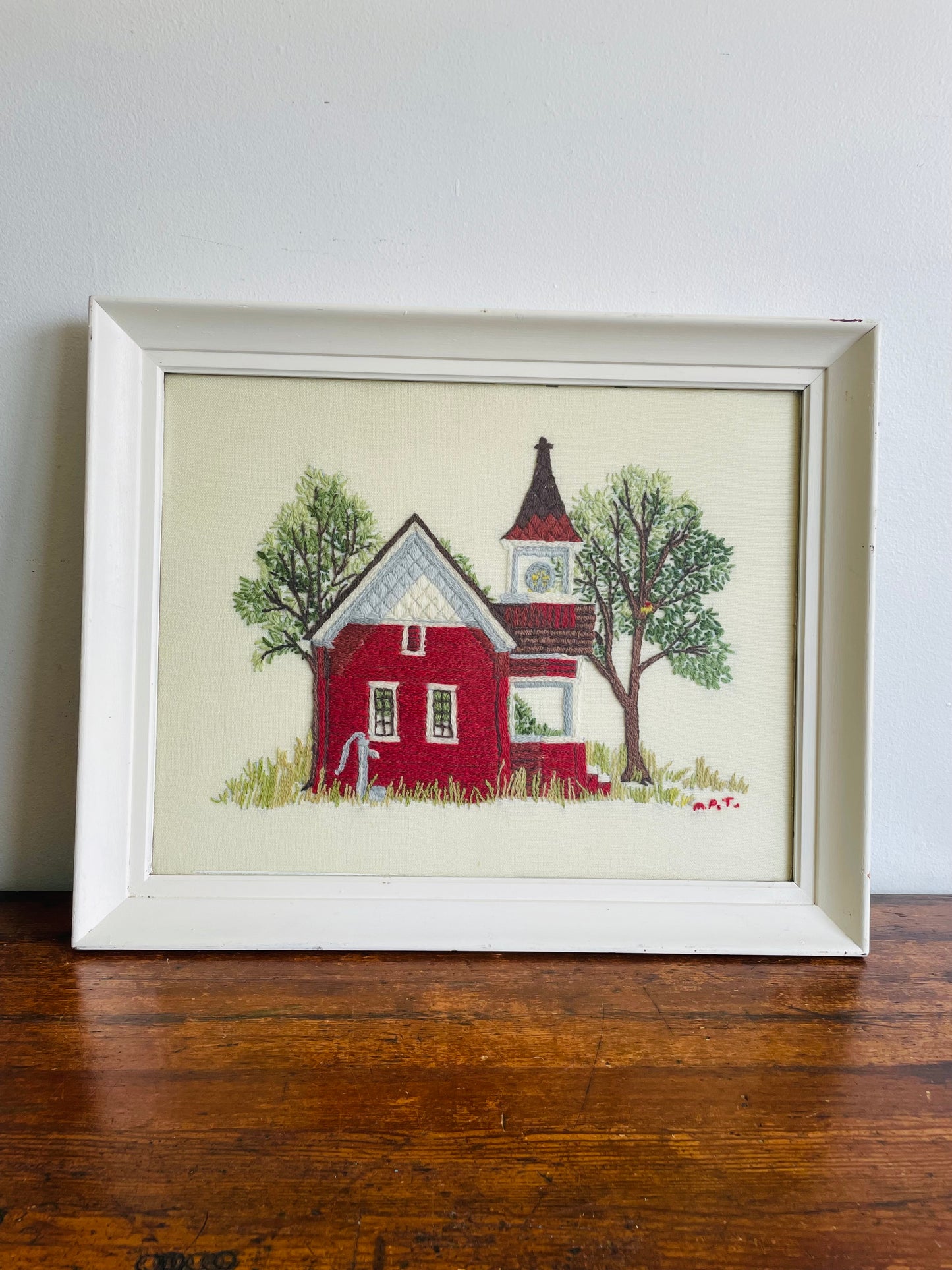 Absolutely Adorable Framed Crewel Needlepoint Embroidery Picture of Red One Room Schoolhouse