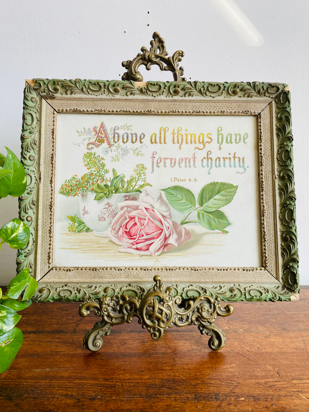 Antique 1891 Botanical Pink Rose Print Picture with Bible Verse I Peter 4.8 - Above All Things Have Fervent Charity - Ornate Wood Frame - 135 Years Old!