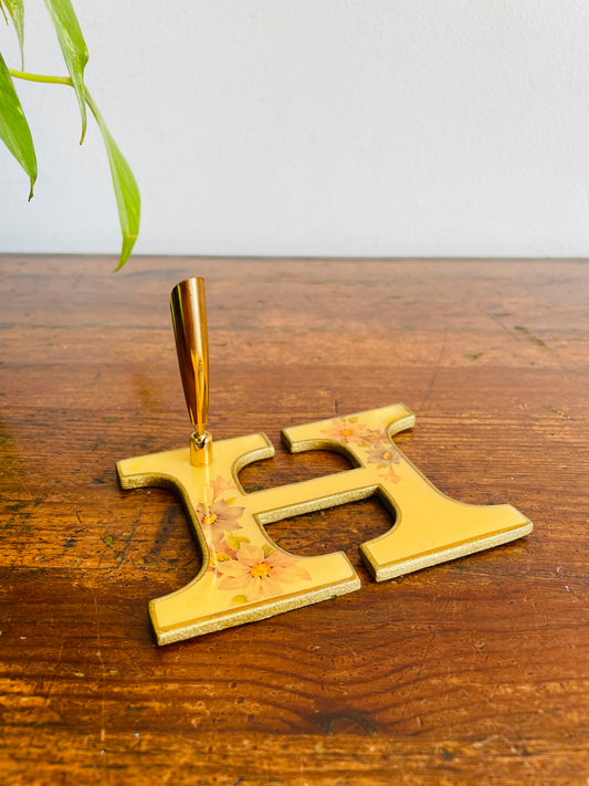 Brass Letter H Pen Holder with Floral Design