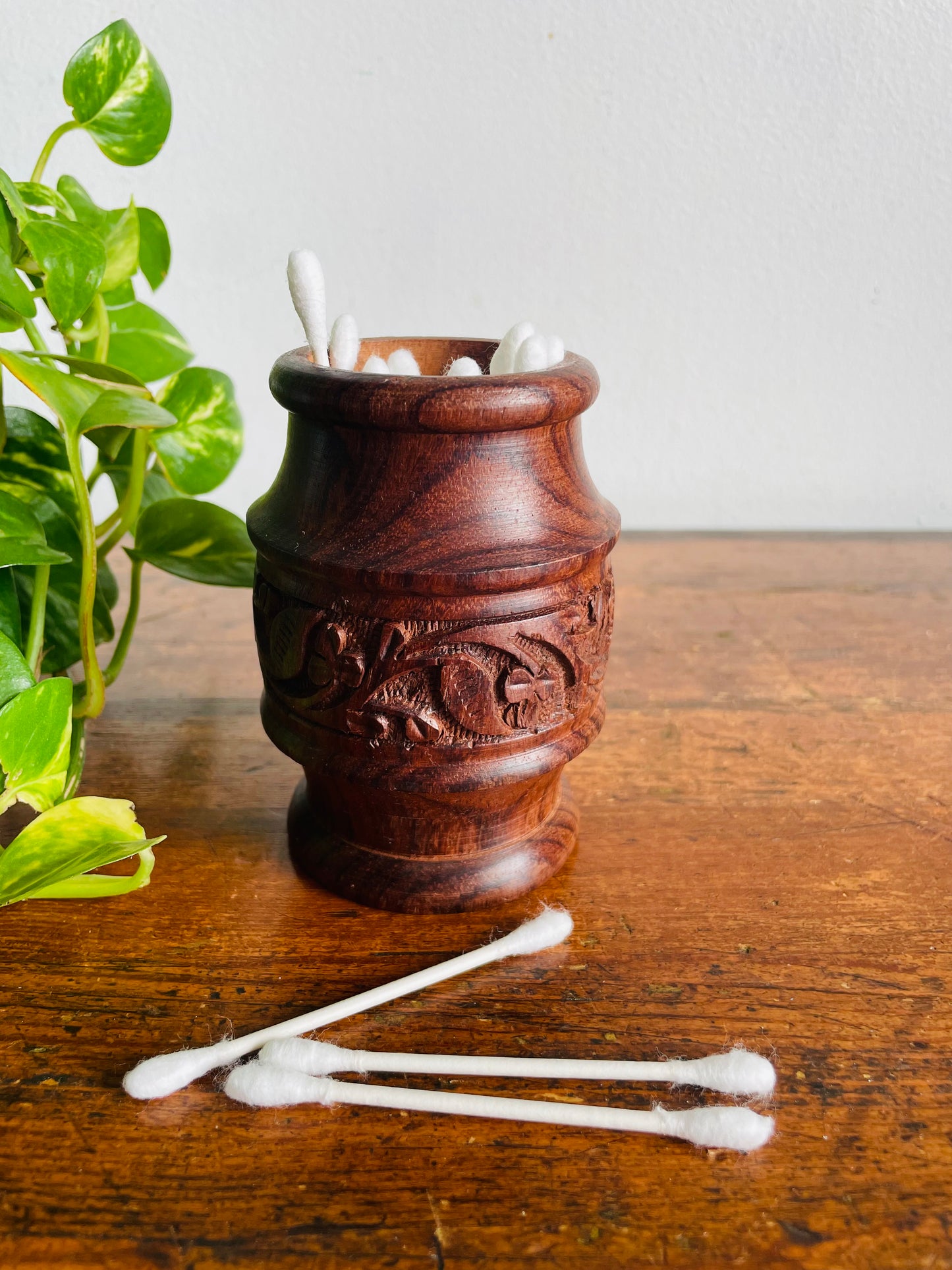 Vintage Carved Indian Rosewood / Sheesham Wood Cup Holder or Bud Vase - Great for Incense, Makeup Brushes, Dried Flowers, Pencils, Etc.