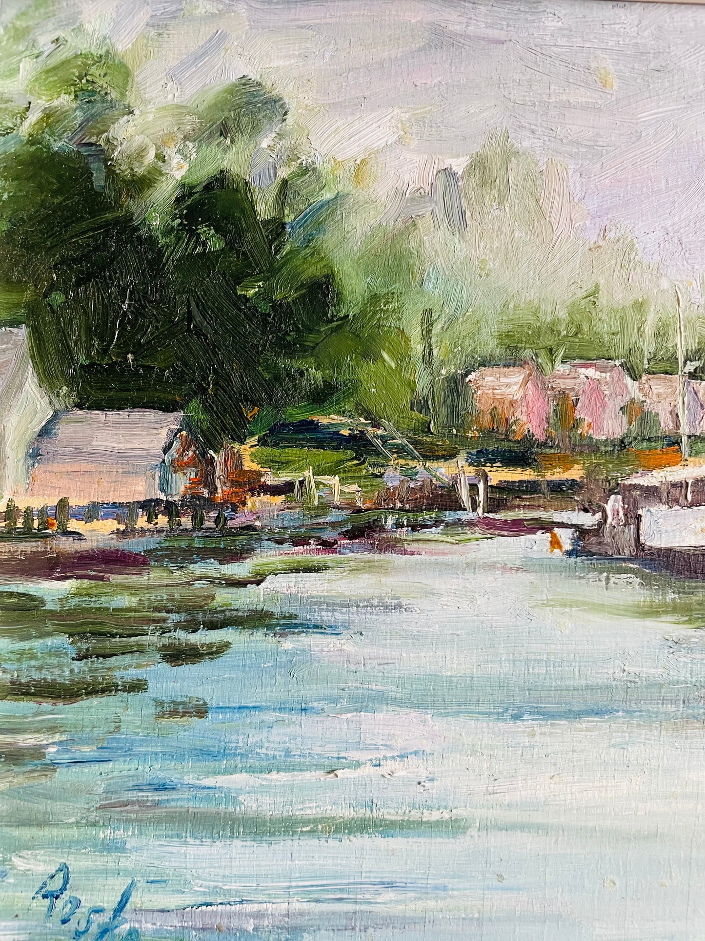 Vintage Original Art Painting Picture of Boats Along Pier in Green Wood Frame - Artist Signed