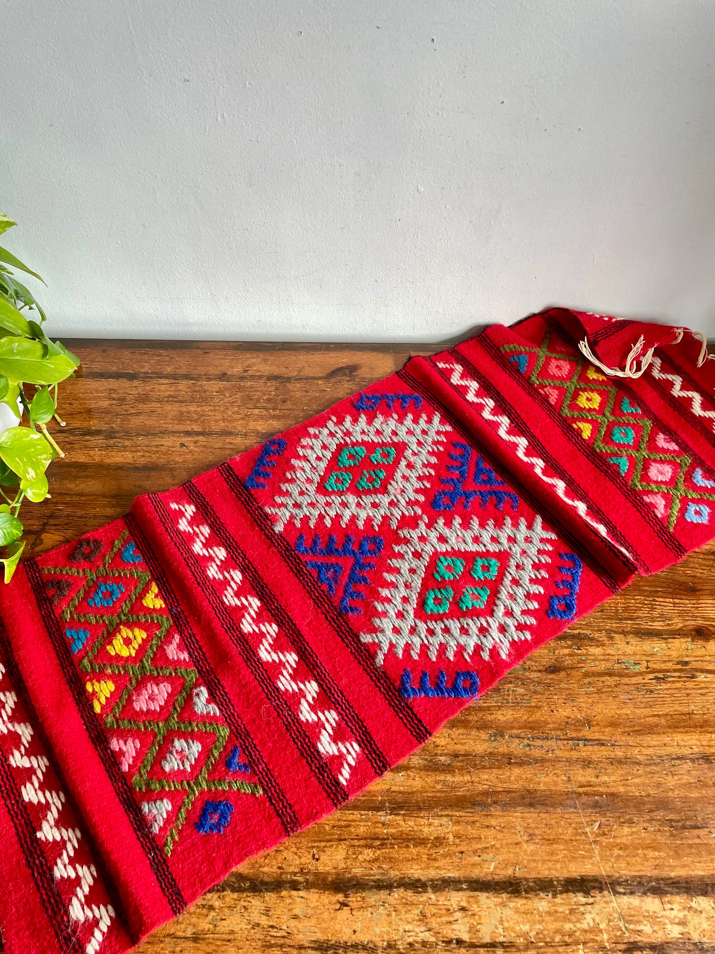 Vintage Hand Knotted Red Wool Table Runner or Narrow Rug with Brightly Coloured Geometric Pattern - 3.5 Feet Long