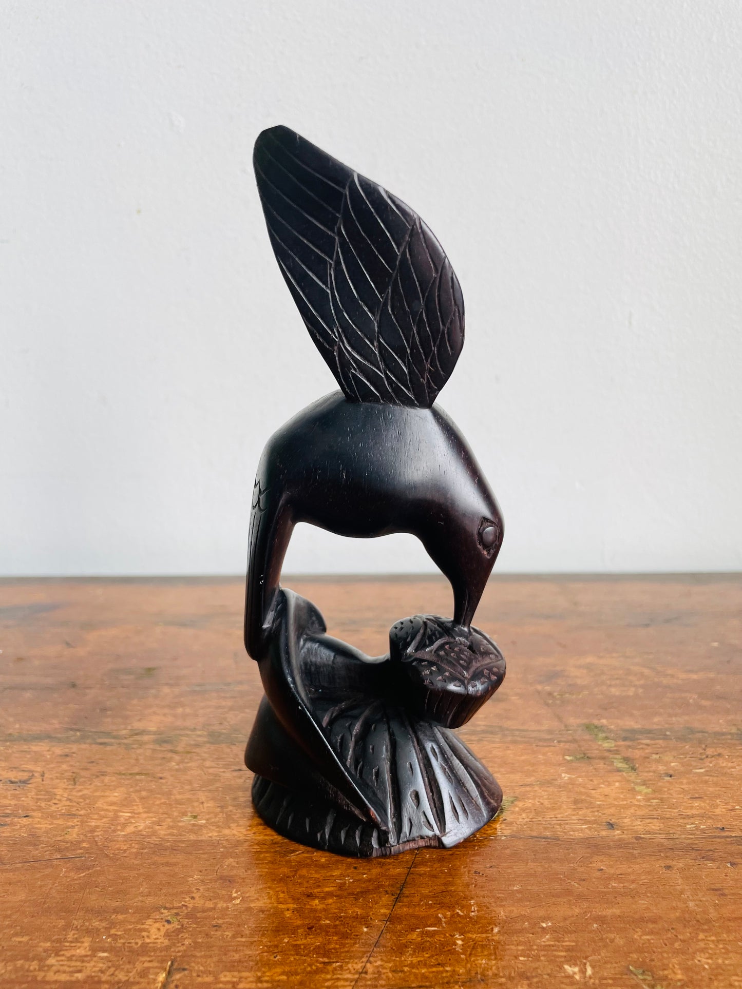 Vintage Hand Carved Dark Wood Hummingbird & Flower Sculpture