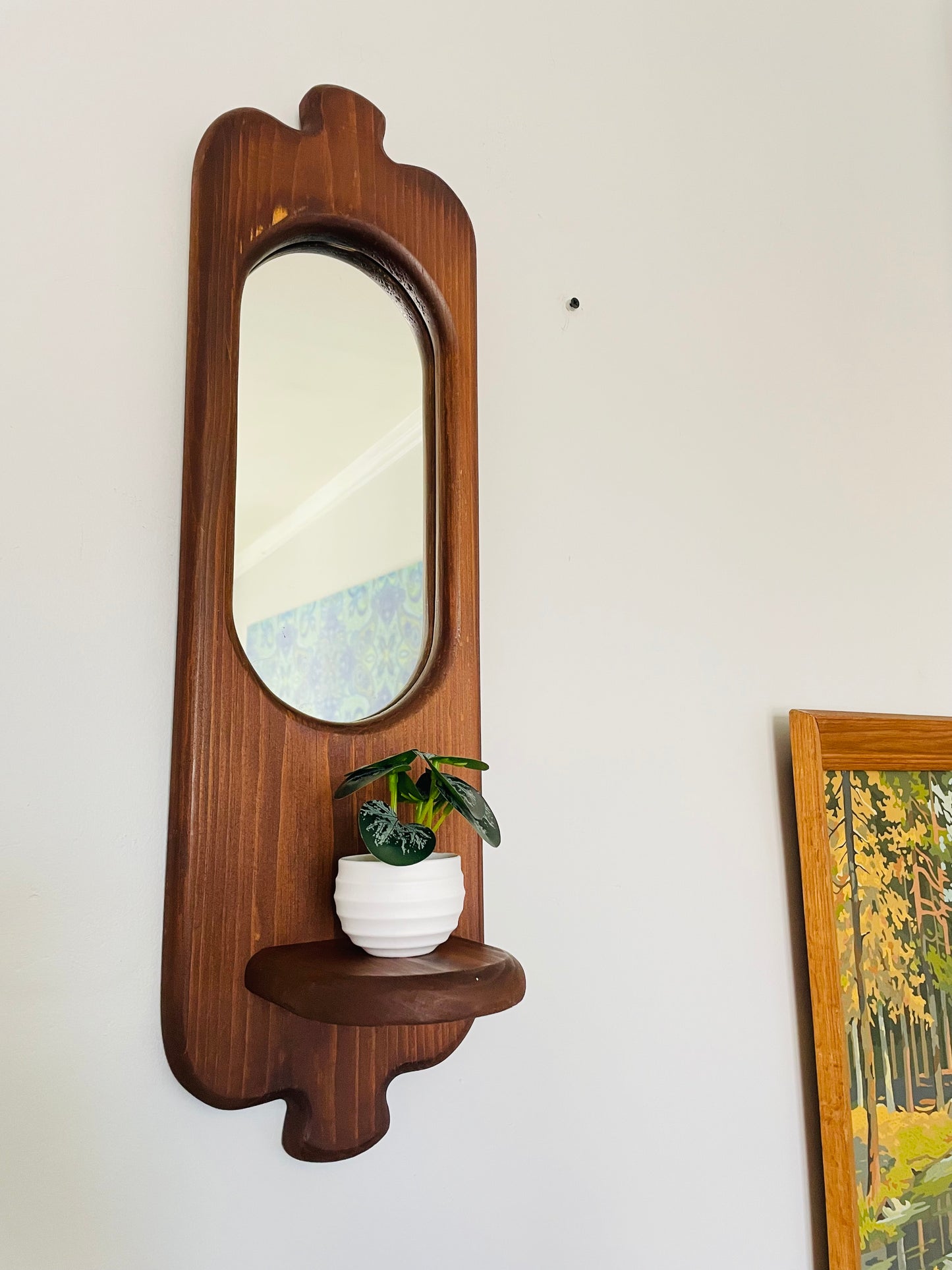 Vintage Organic Wavy Shaped Wood Mirror with Shelf Ledge #1 - 2 Feet Long - No Shipping