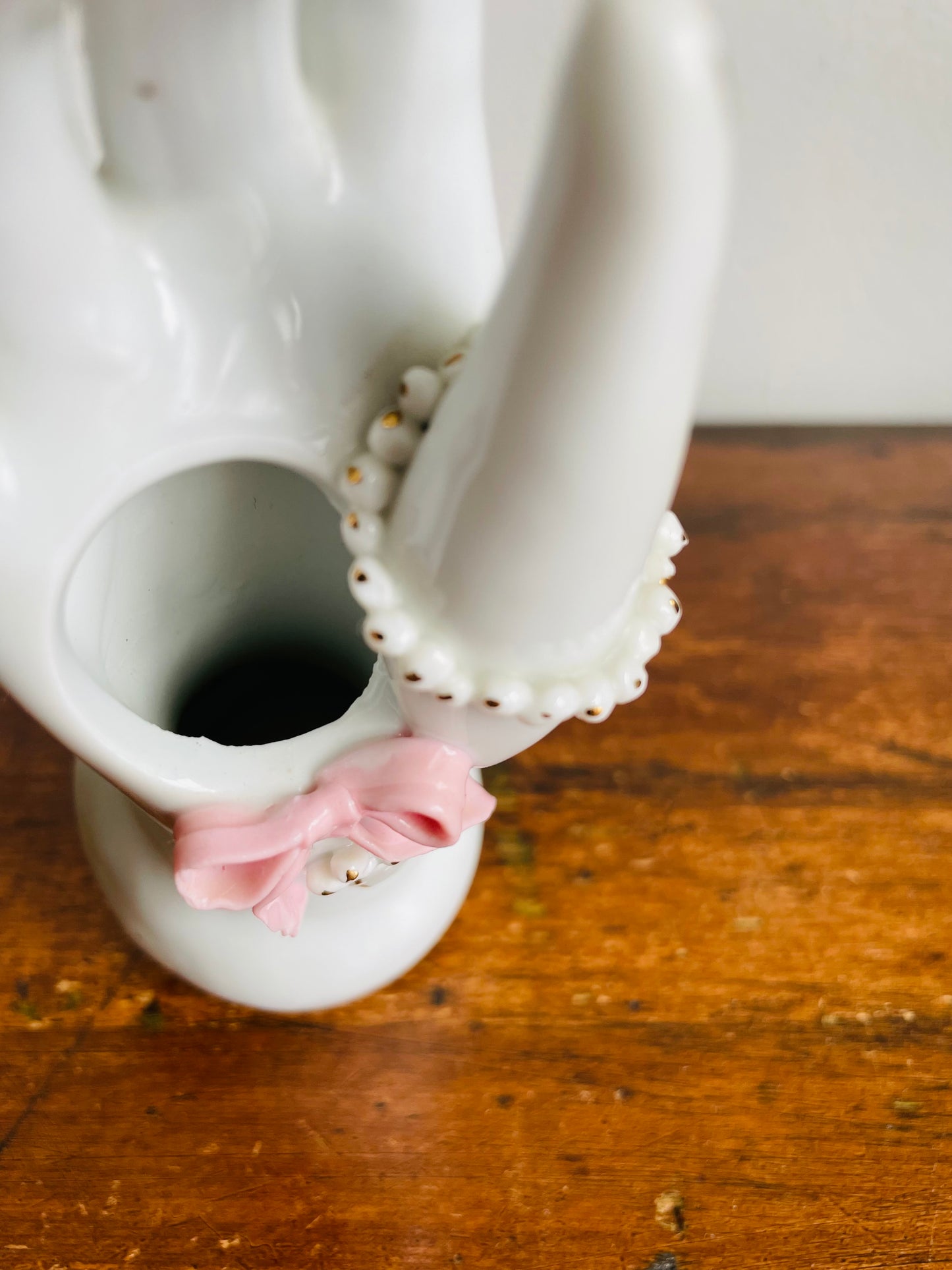 Vintage Porcelain White Hand Bud Vase with Pink Bow & Heart Design