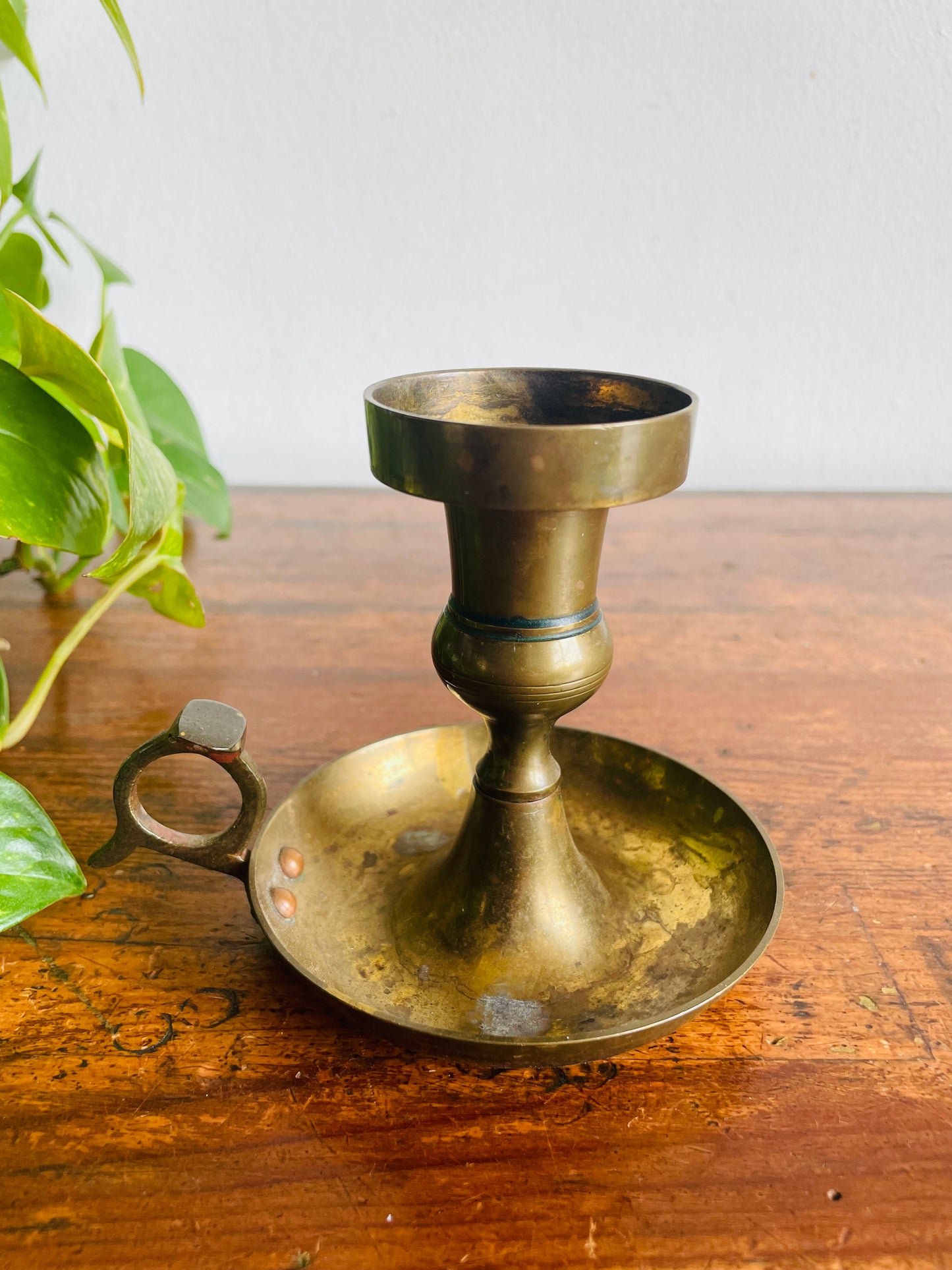 Vintage Solid Brass Chamberstick Candle Holder with Aged Patina