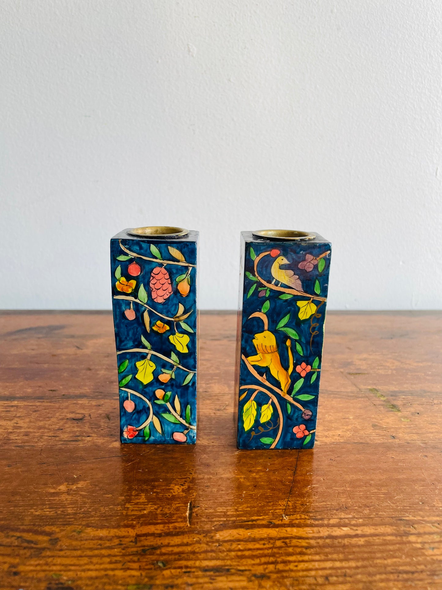 Israeli Lacquered Wood Wavy Candle Holders with Hand Painted Peacock, Lion, Deer, Bird & Flower Design - Yair Emanuel Shabbat Candles