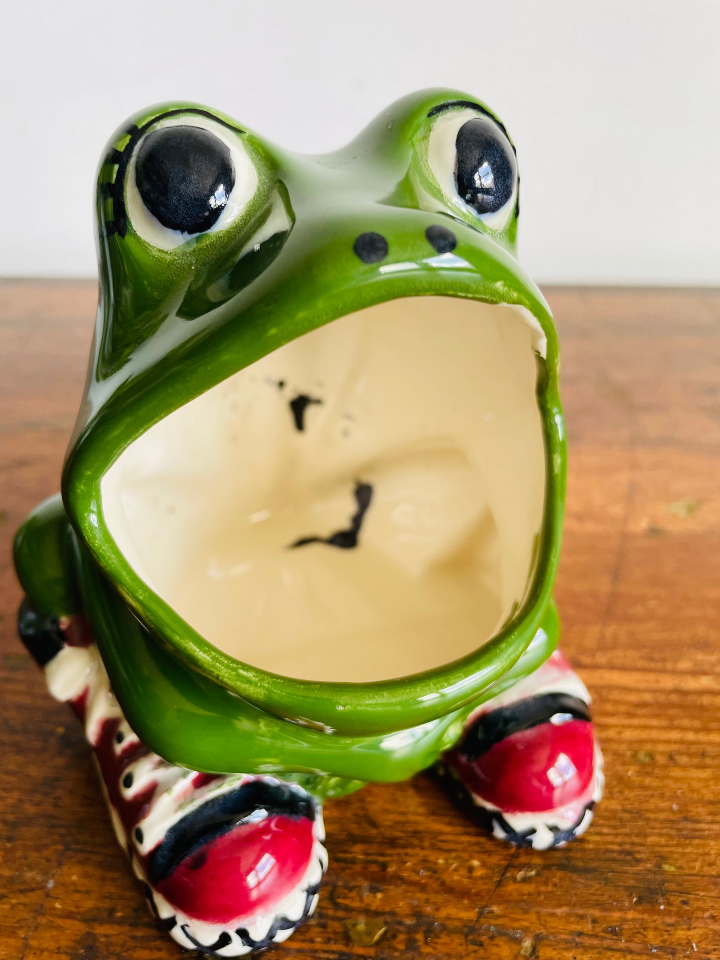 Vintage Hand Painted Wide Mouthed Green Frog Wearing Red Sneakers Scrubbie Sponge Holder