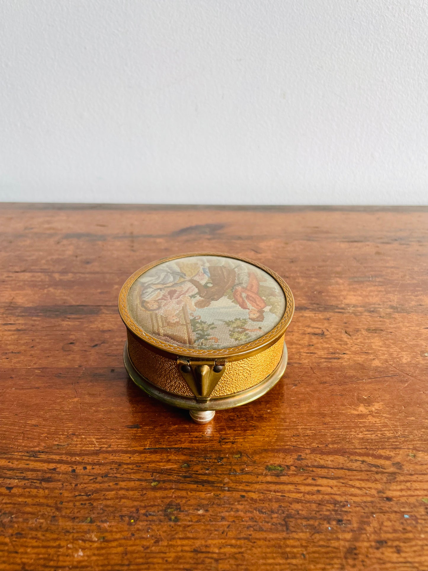 Footed Petit Point Embroidery Round Brass Trinket or Jewellery Box with Mirror Inside