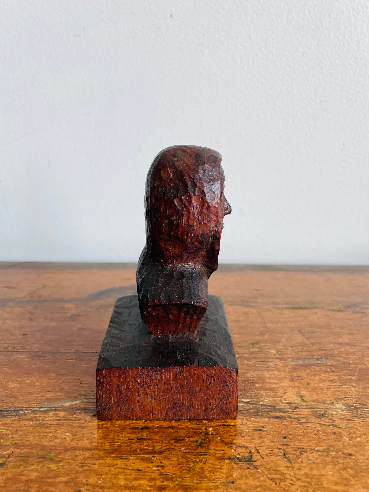 Vintage Stunning Artist Signed Dark Wood Sculpture Bust Statue of Person - Hand Carved From a Single Piece of Wood