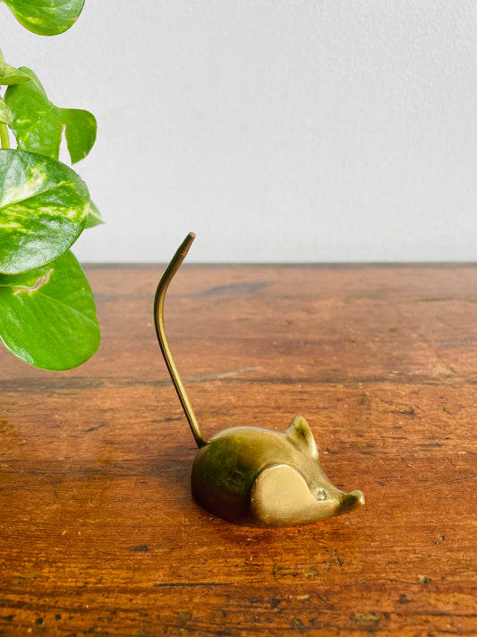 Vintage Solid Brass Mouse Figurine with Long Tail - Receipt / Note Spike or Ring Holder - 2”3.25” Long Tail / Small Size - Made in Korea