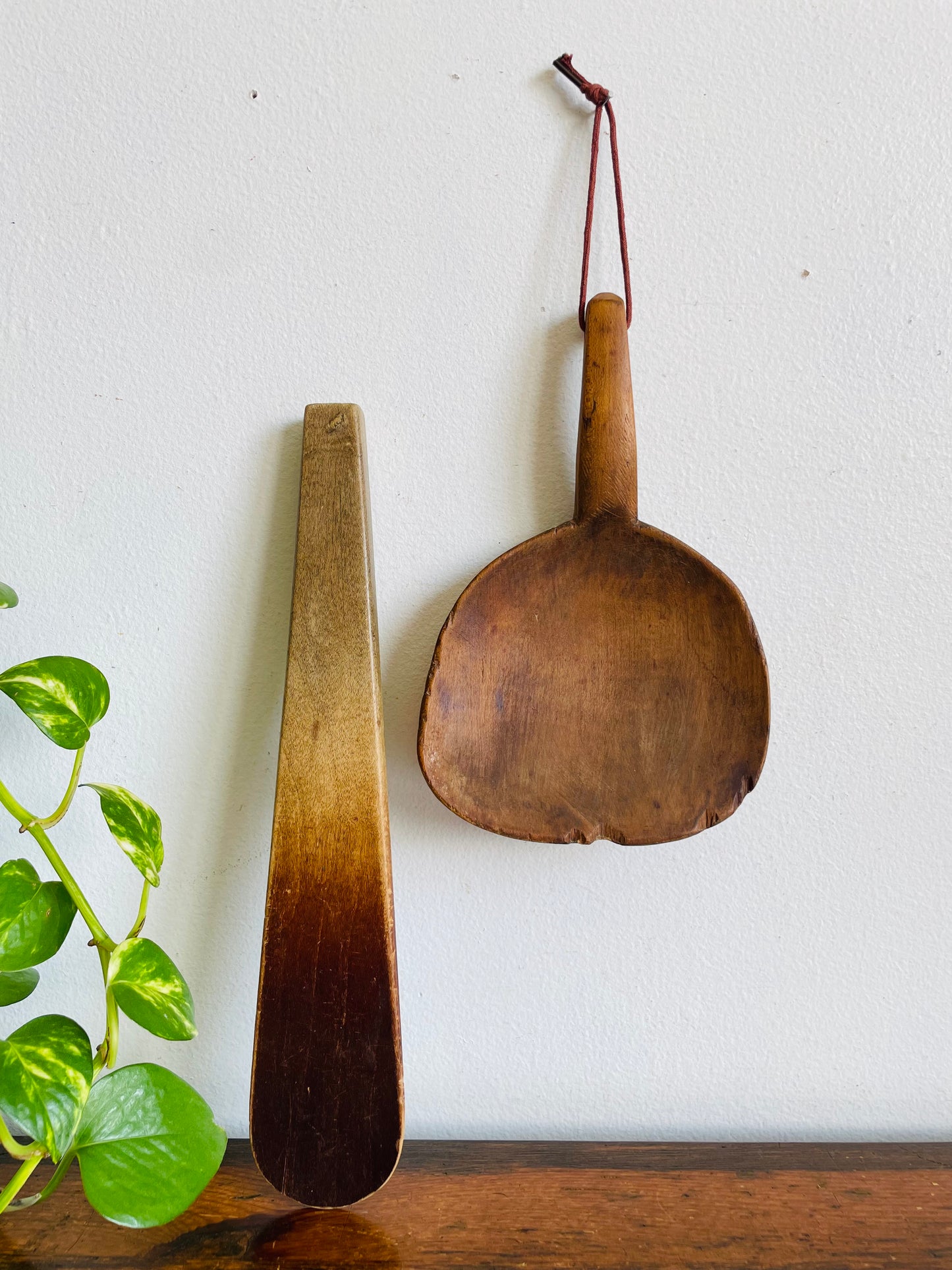 Antique Primitive Wood Farmhouse Kitchen Utensil Set - Scoop Paddle on Rope & Spatula Spoon - Set of 2