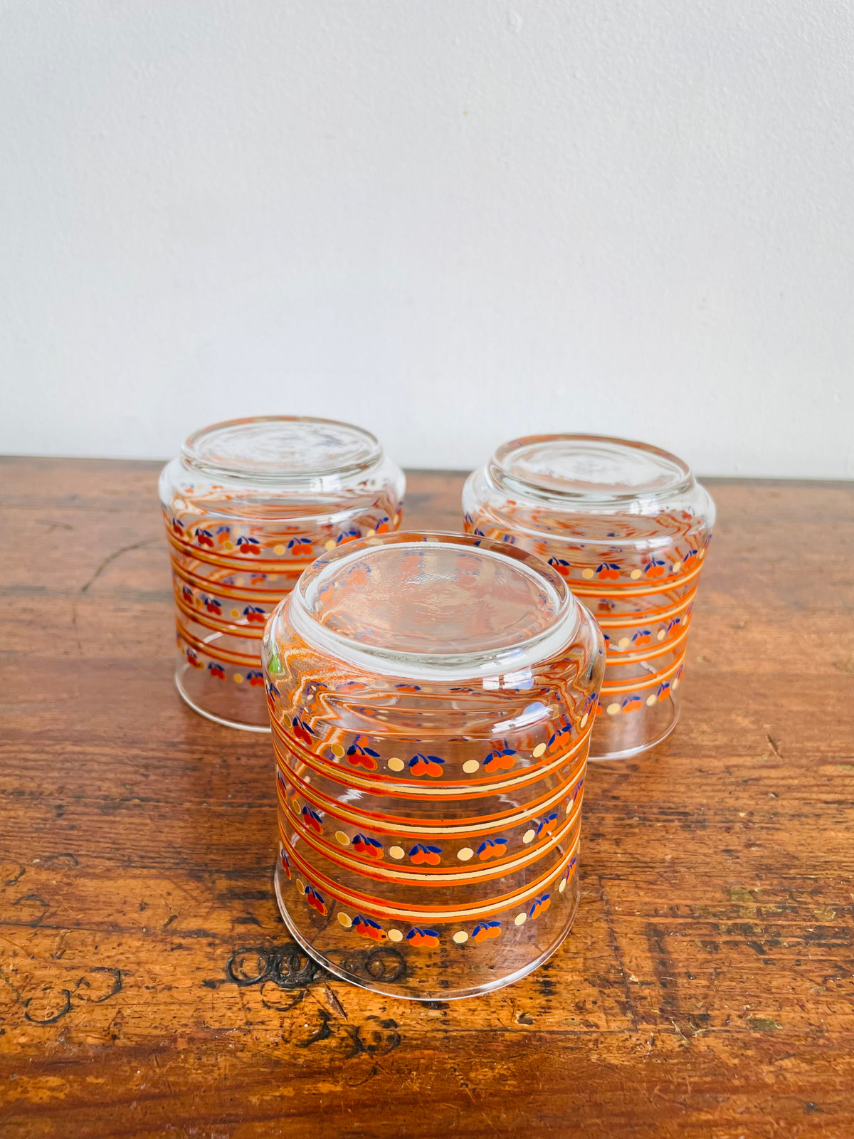 Vintage Drinking Tumbler Glasses with Orange, Cream & Blue Flower & Stripe Design - Set of 3