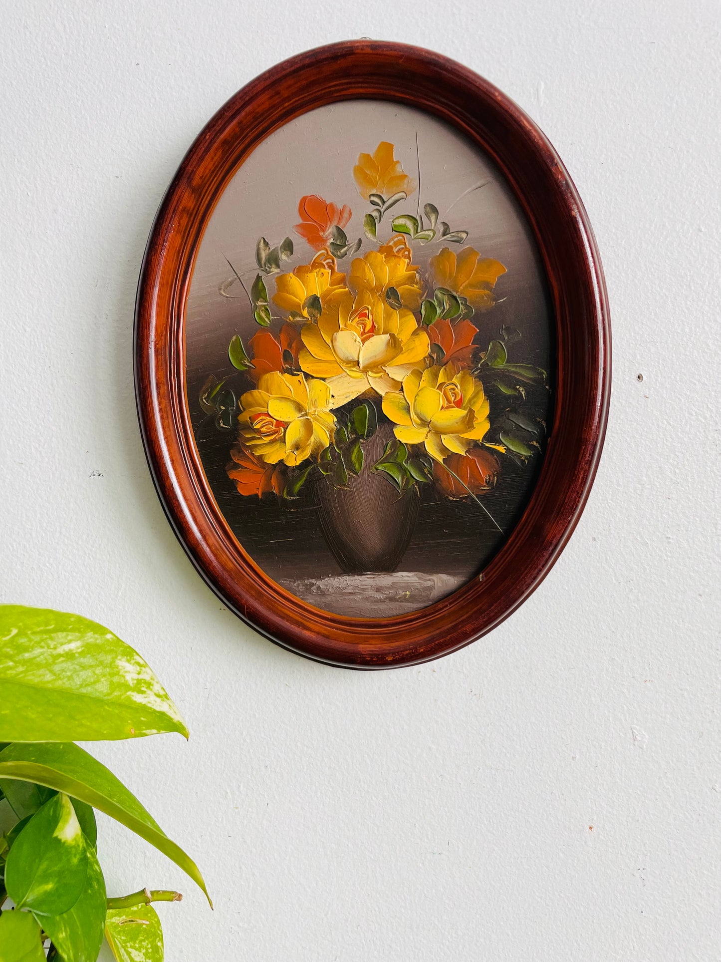Vintage Original Art Painting of Yellow & Mustard Flowers in Vase in Oval Frame