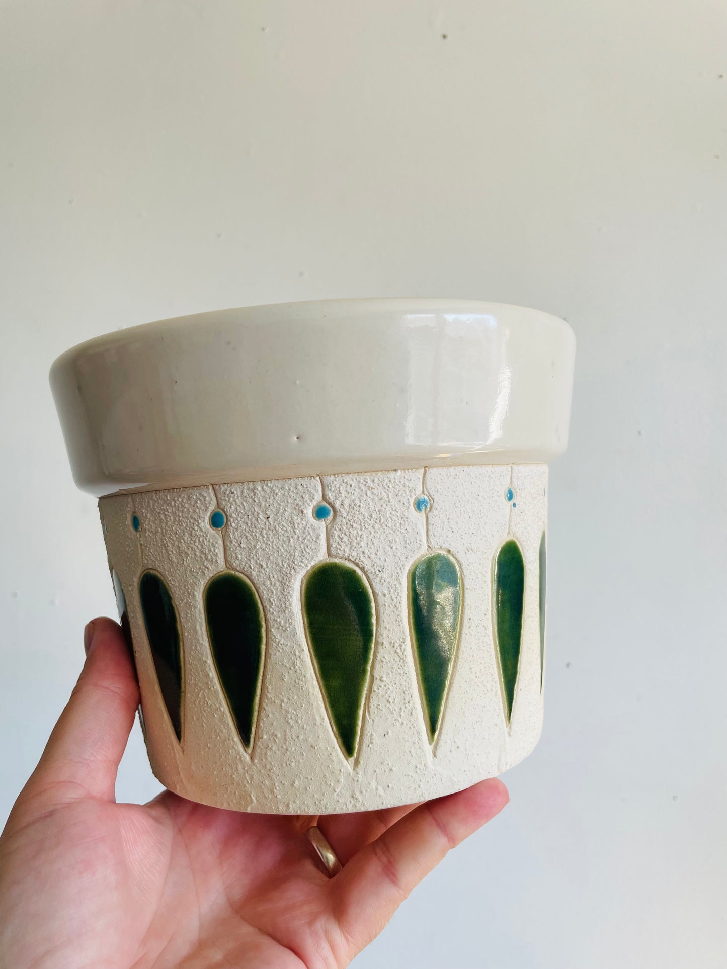 Vintage Mid-Century Modern 7" Textured White Planter Pot with Green & Blue Design
