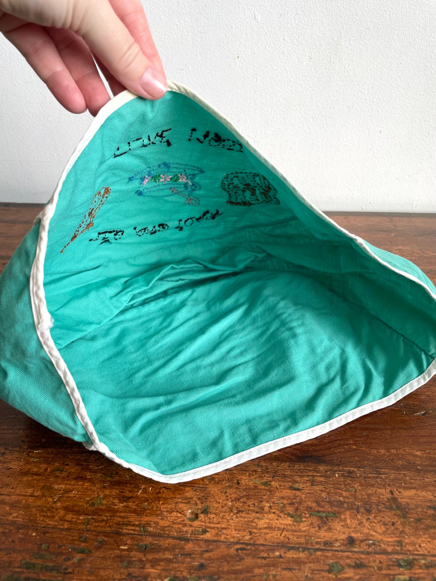 Vintage Handmade Needlepoint Embroidery Teal Green Toaster Cozy Cover with Adorable Graphics - Tea and Toast I Like Most