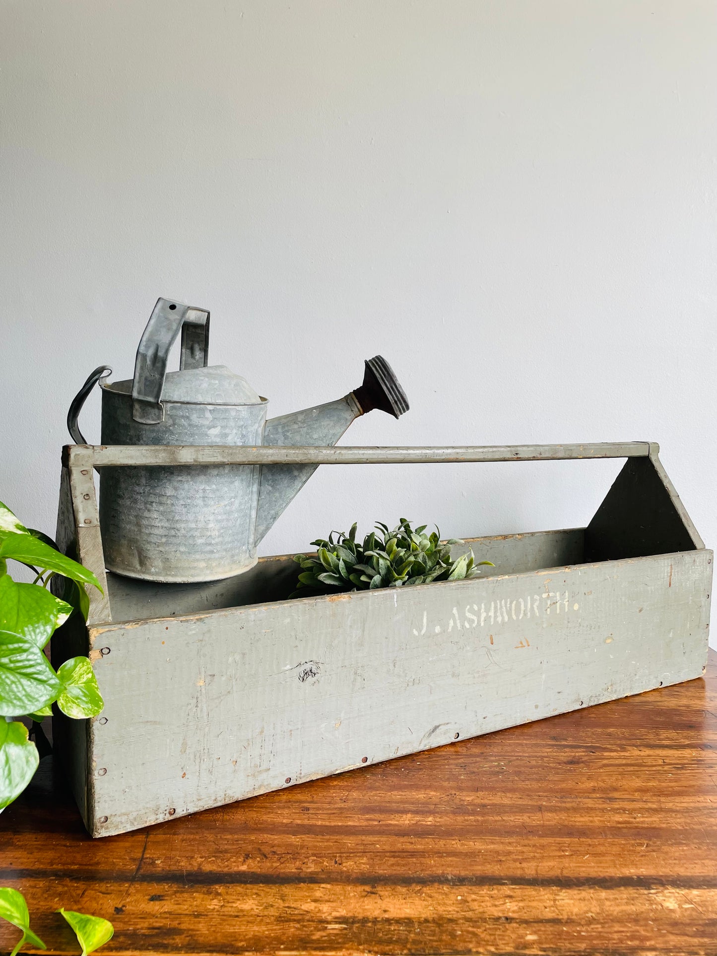 Giant Grey Wood Toolbox with Metal Supports on Handle - Stamped J. Ashworth - Makes a Beautiful Planter Box!