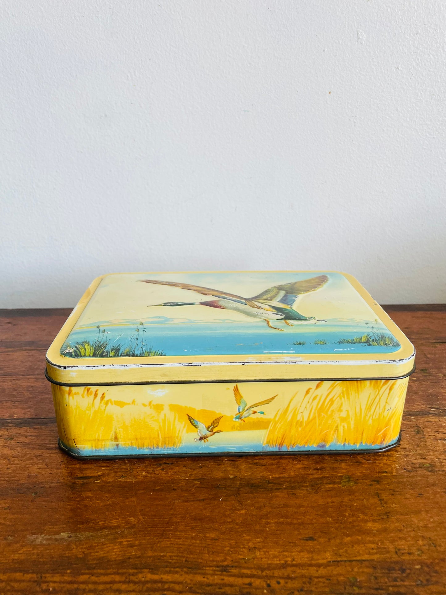 Vintage Tin Container with Flying Duck Bird Over Lake & Mountains Design - MacFarlane Lang & Co's Biscuits