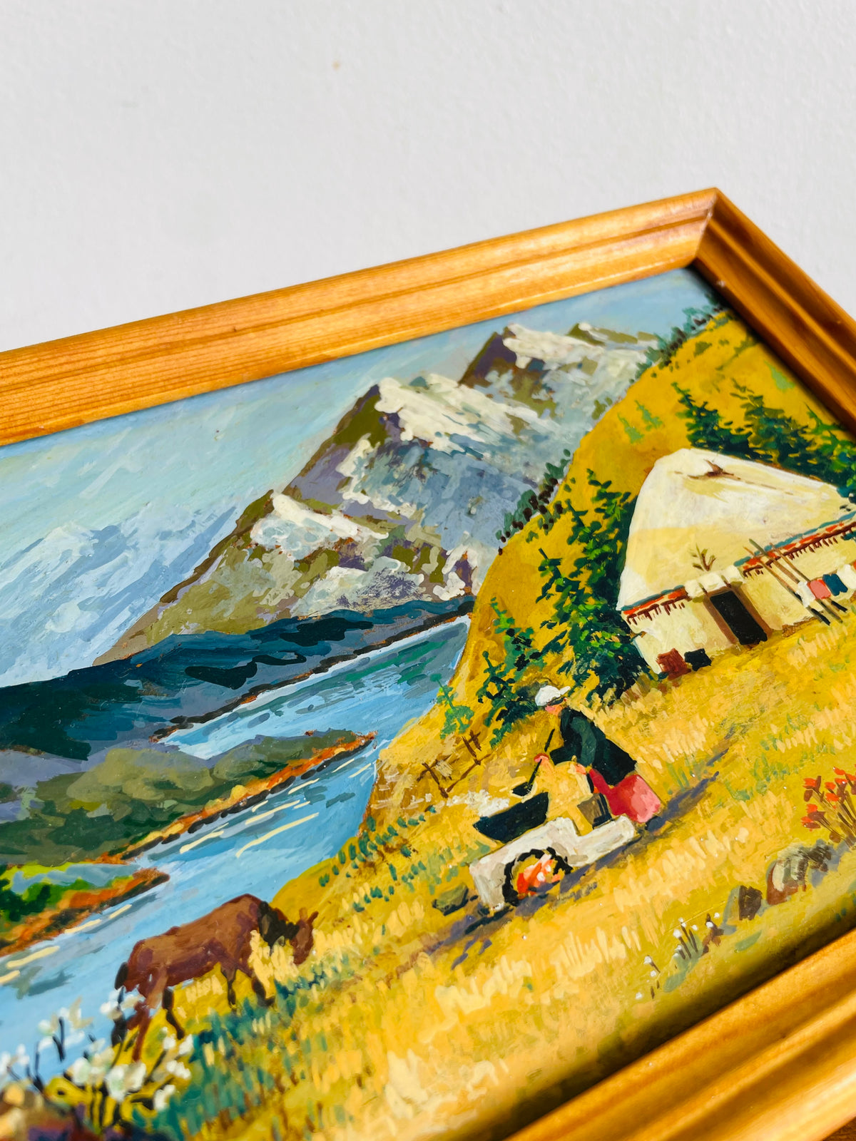 Vintage Original Art Painting Picture of Central Asian Landscape Scene - Yurt House, Mountains, Stream, Horse & Person Cooking Over Fire