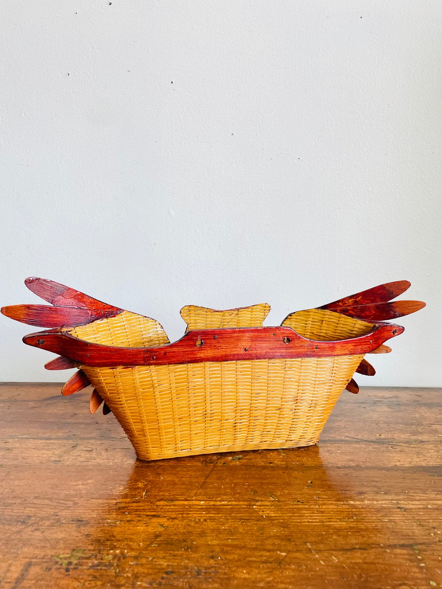 Vintage 1970s Wicker Wood Owl Wall Pocket Basket - Can Stand or Hang on Wall - 15" Wingspan - No Shipping