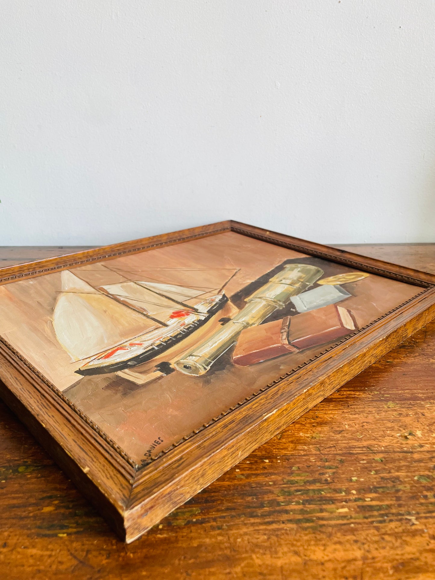 Vintage 1961 Original Art Nautical Still Life Painting Picture of Ship Captain Equipment - Artist Signed Anne Davies from Moncton, New Brunswick