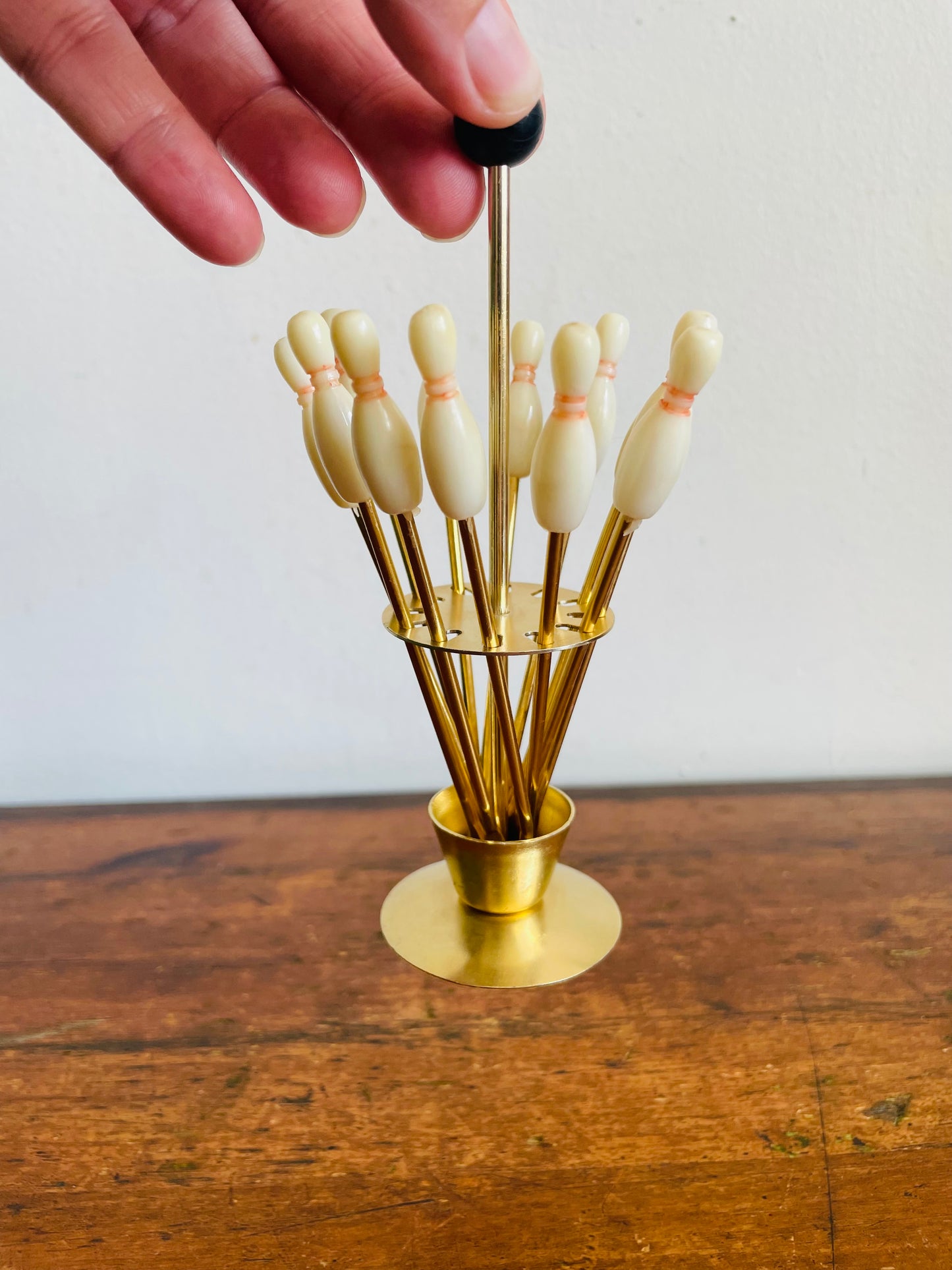Vintage Set of 12 Bowling Pin Mini Appetizer Skewer Forks in Display Stand with Carry Handle - Cocktail / Hors d'oeuvres / Olives - Retro MCM Barware