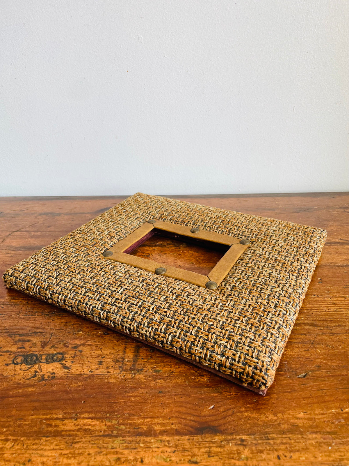Vintage Unique Hanging Picture Frame with Earthy Brown Tones - Woven Textured Fabric, Leather & Brass Rivets with Aged Patina - 2.75" x 4" Photo Size