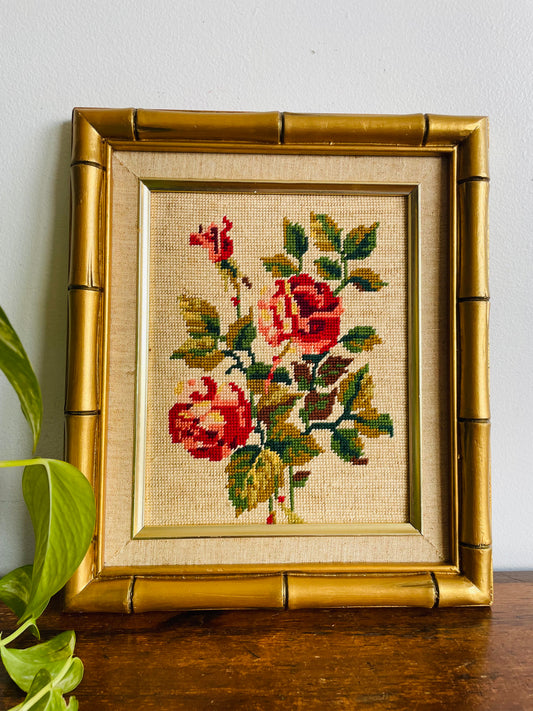 Rose Flowers Embroidery Picture in Gold Bamboo-Style Frame